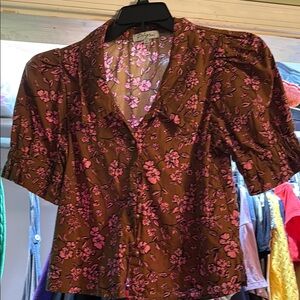 Collectif Red and Brown Puff Sleeve Blouse